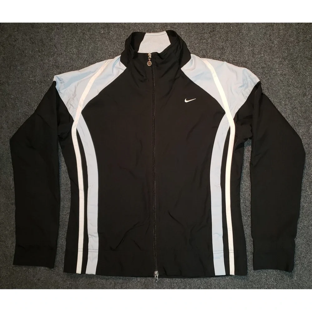 Nike Jacket Womens Large Black White Mock Neck Full Zip Track Windbreaker